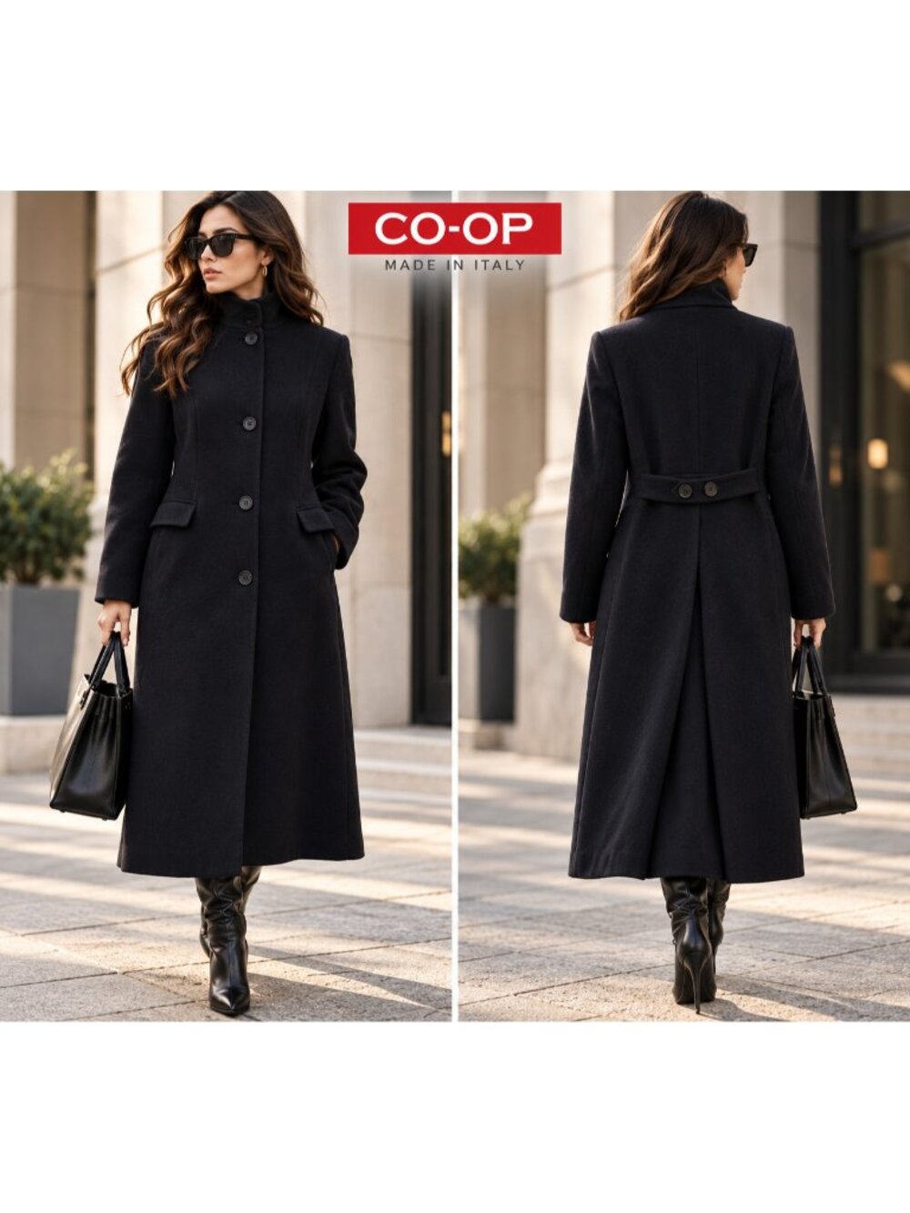 CO-OP Made in Italy Black Wool Cashmere Long Coat Size 6 Quiet Luxury